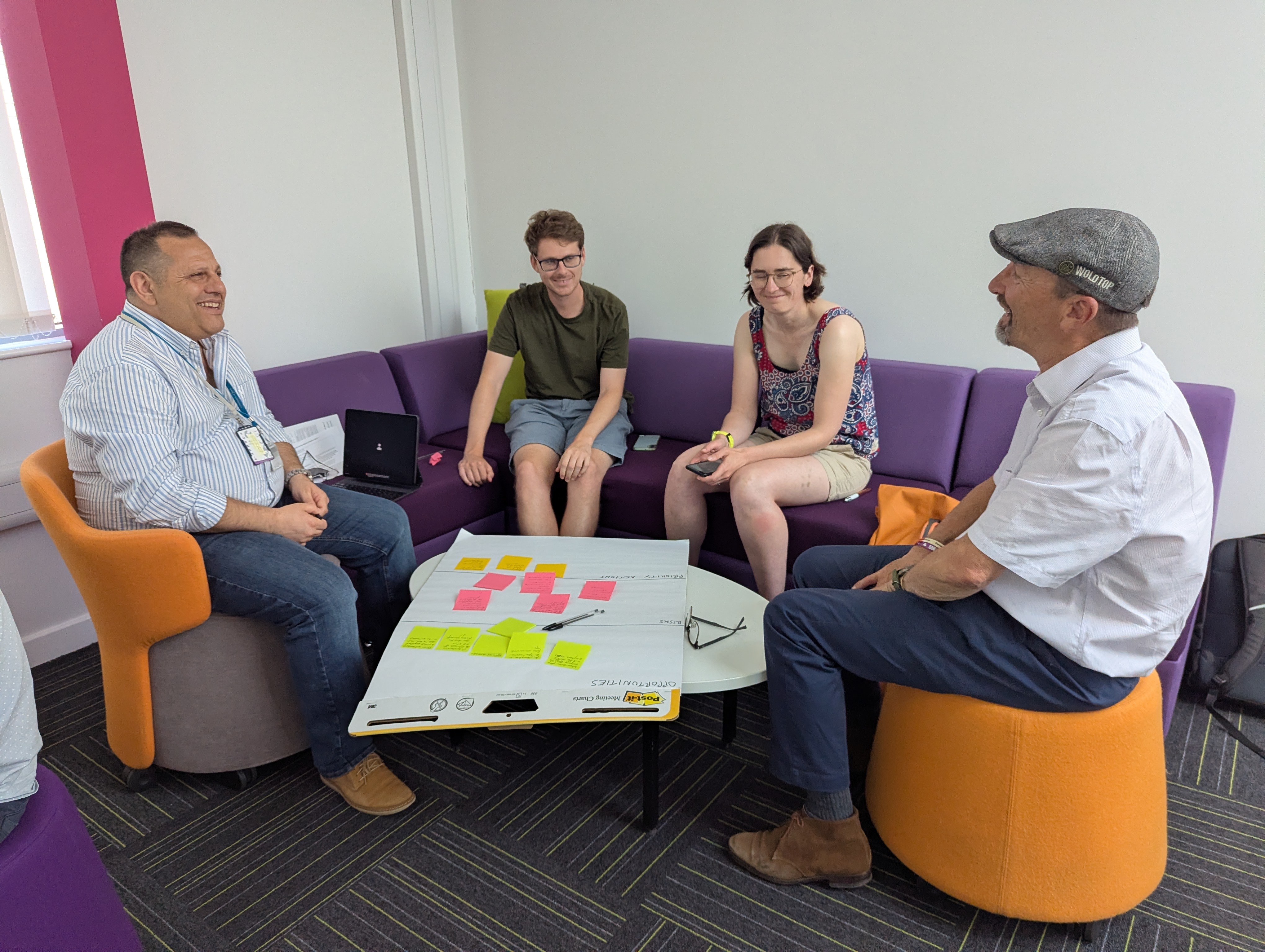 Workshop participants reviewing sticky notes around a discussion table.